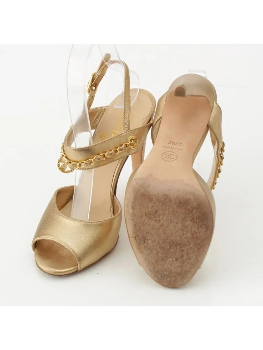 Chanel Leather CC Logo Chain Heels Clover Sandals Gold